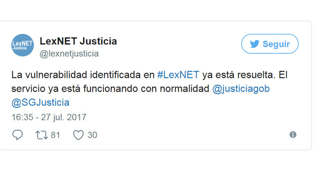 Mensaje en la cuenta oficial de Twitter de LexNET-Justicia anunciando...