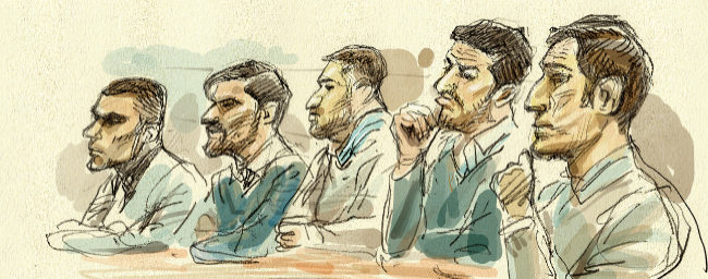 Dibujo de los integrantes de 'La Manada' durante el juicio