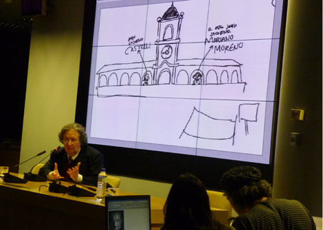 Jos Pablo Feinman, durante la charla ilustrada por Miguel Rep. | Carolina Andreotti