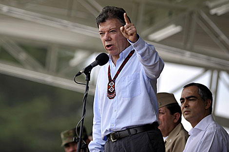 Juan Manuel Santos durante la toma de posesin de las nuevas Fuerzas Armadas. | AFP