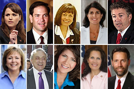 De izquierda a derecha: C.O'Donnell, M. Rubio, S.Angle, N. Haley, R.Paul, S.Martnez, C.Paladino, K.Noem, M. Bachmann, J.Miller.