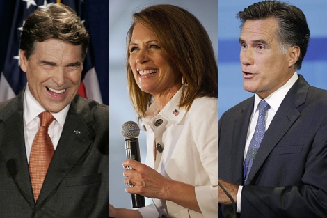 Rick Perry, Michele Bachmann y Mitt Romney.