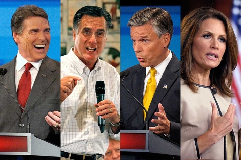 Los republicanos Rick Perry, Mitt Romney, John Huntsman y Michele Bachmann.