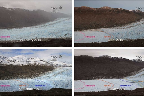 Imgenes del glaciar Jorge Montt en cuatro momentos diferentes. | AP