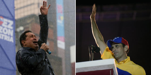 Los candidatos, Hugo Chávez y Henrique Capriles, en los actos de cierre de su campaña. | Afp