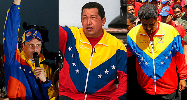 Capriles, en campaa; Chvez, en un acto pblico; y Maduro, en el cortejo fnebre.| Afp/Efe/Reuters