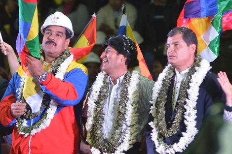 Maduro (izq.), Morales (centro) y Correa, este jueves en Cochabamba (Bolivia). | Efe