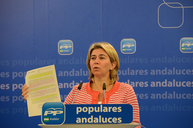La diputada del PP Teresa Ruiz Sillero muestra un documento durante la...