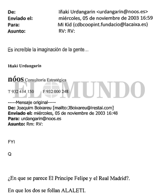 Un correo dirigido por Urdangarin a la Infanta Cristina haciendo un...