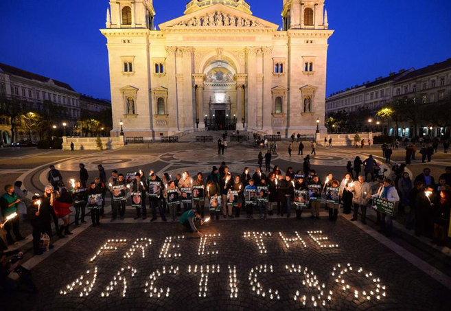 Una protesta en Budapest para pedir la liberacin de los activistas.