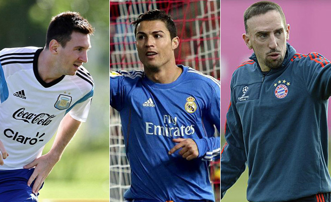De izda a dcha: Messi, Cristiano Ronaldo y Ribry.