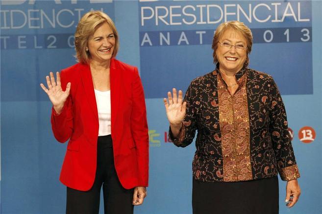 Matthei y Bachelet saludan antes del debate.