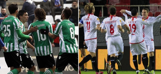 Betis y Sevilla celebran un gol.