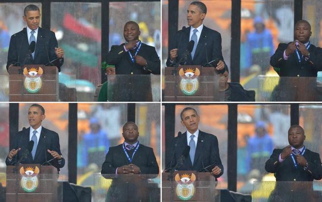 Combinacin de fotos de Obama con el intrprete Jantjie a su lado.