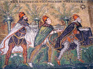 Los Reyes siguiendo la Estrella. Mosaico en Ravena.