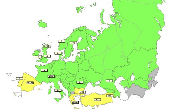 Mapa de Europa con la incidencia de gripe por pases