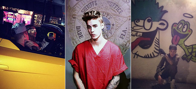 Bieber, a bordo del Lamborghini (i), ante el juez (c) y ante uno de...
