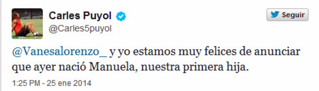 'Tuit' de Carles Puyol anunciando el nacimiento de su hija Manuela.