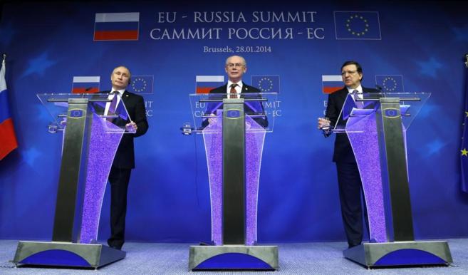 Putin, junto a Van Rompuy y Barroso, este martes en Bruselas.