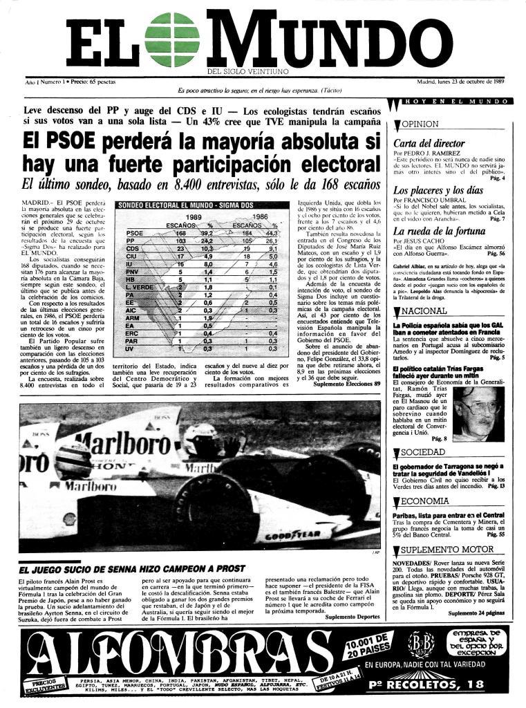 Portada de EL MUNDO del 23 de octubre de 1989.