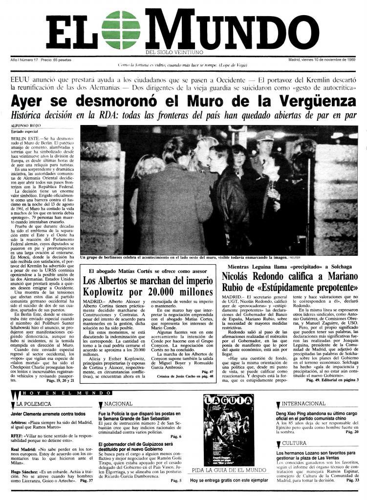 Portada de EL MUNDO del 10 de noviembre de 1989.