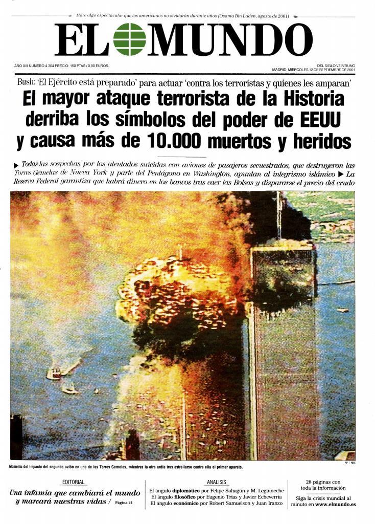 Portada de EL MUNDO del 12 de septiembre de 2001.