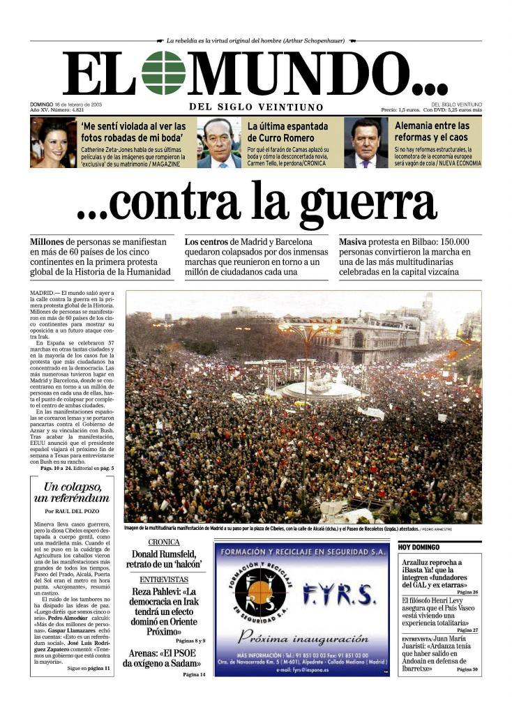 Portada de EL MUNDO del 16 de febrero de 2003.