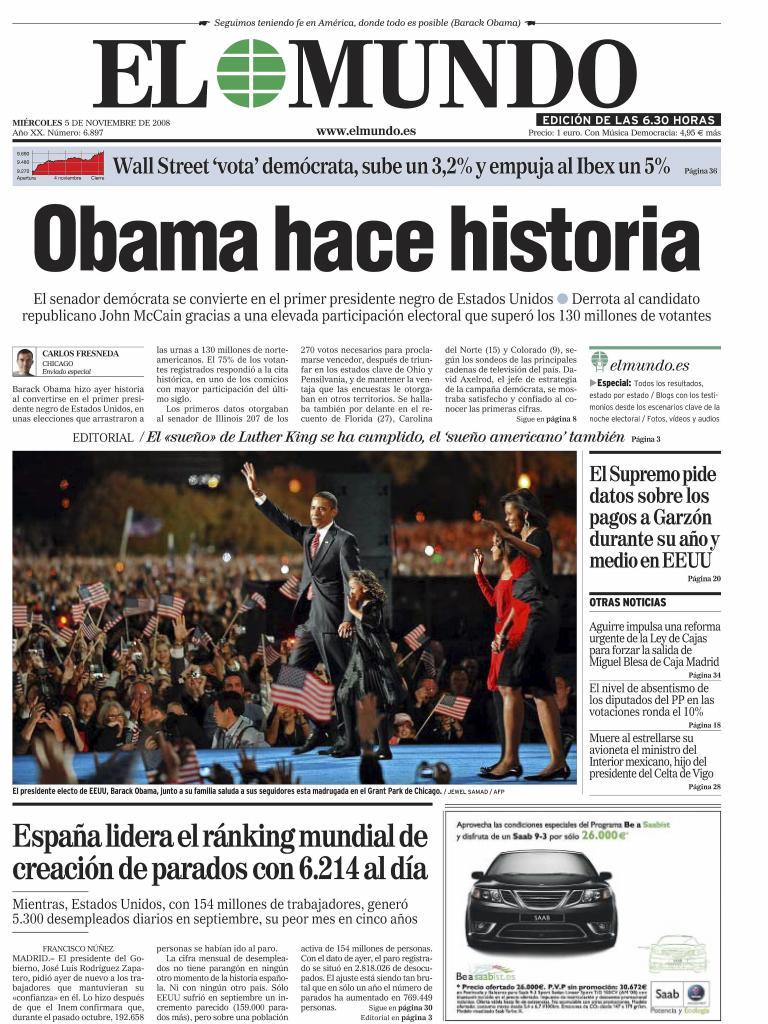 Portada de EL MUNDO del 5 de noviembre de 2008.