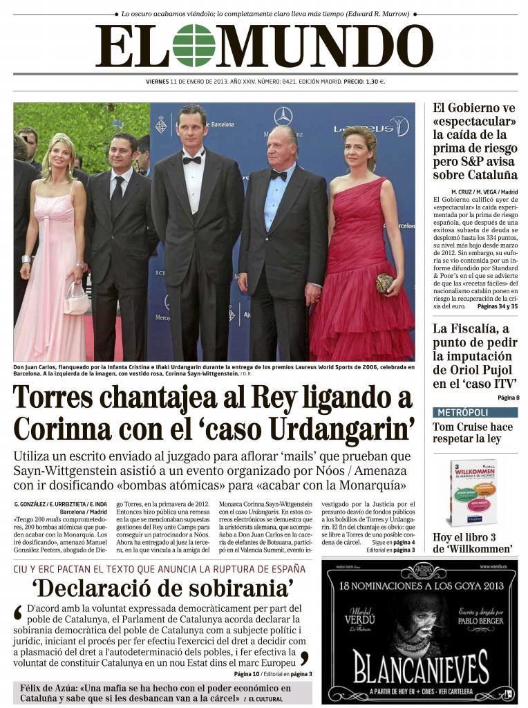 Portada de EL MUNDO del 11 de enero de 2013.