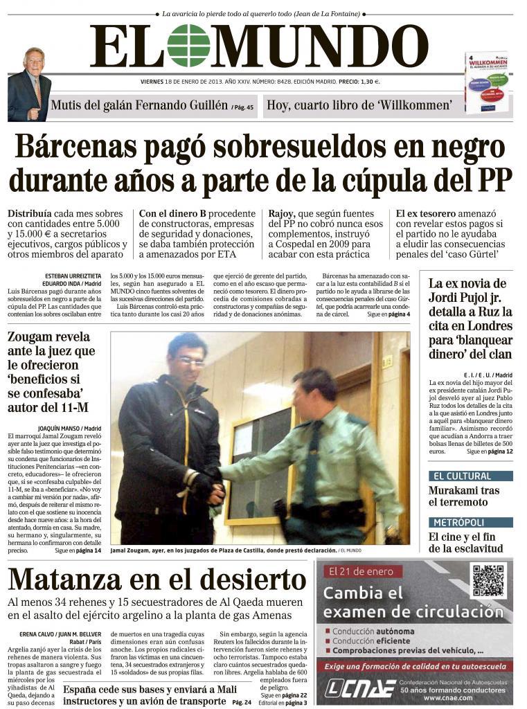 Portada de EL MUNDO del 18 de enero de 2013.