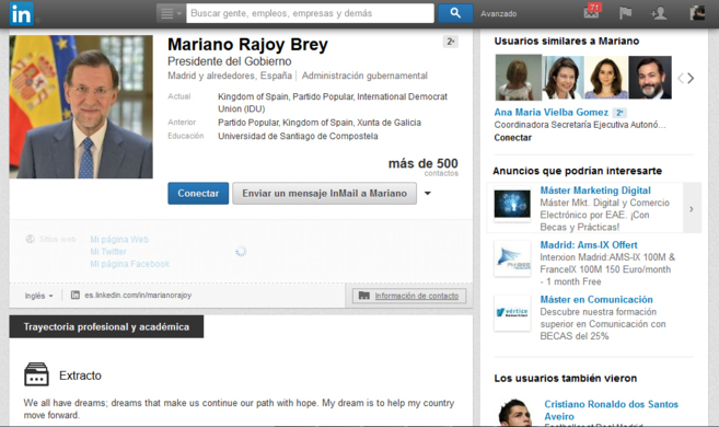 Mariano Rajoy tiene su propio curriculum en LinkedIn.