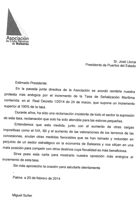 Imagen de la carta enviada ayer por los clubes a Puertos del Estado.