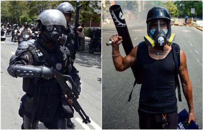 Una pareja de policias antidisturbios y un manifestante, los tres...