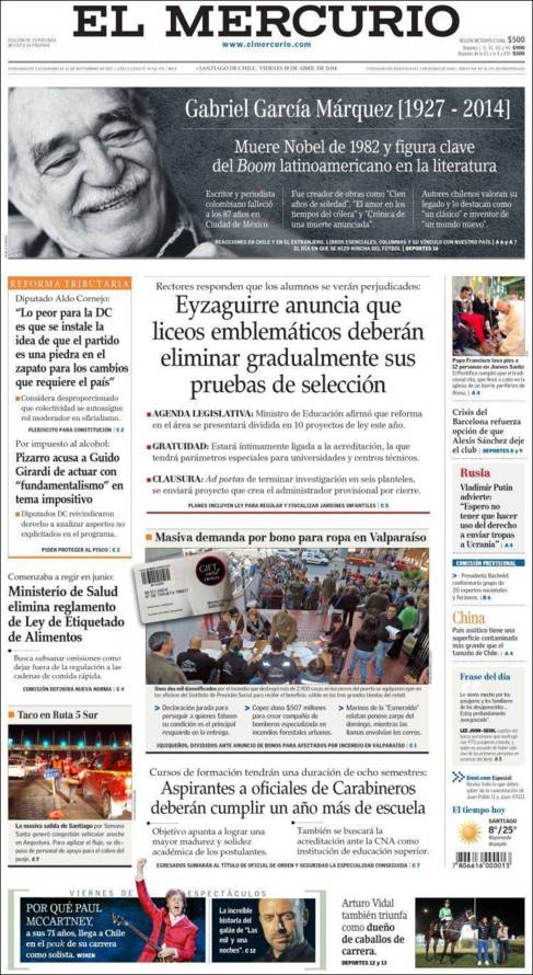 El peridico El Mercurio lleva a su portada a Gabo como "figura clave...