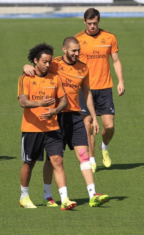 Benzema, junto a Marcelo y Bale en un entrenamiento del Madrid.