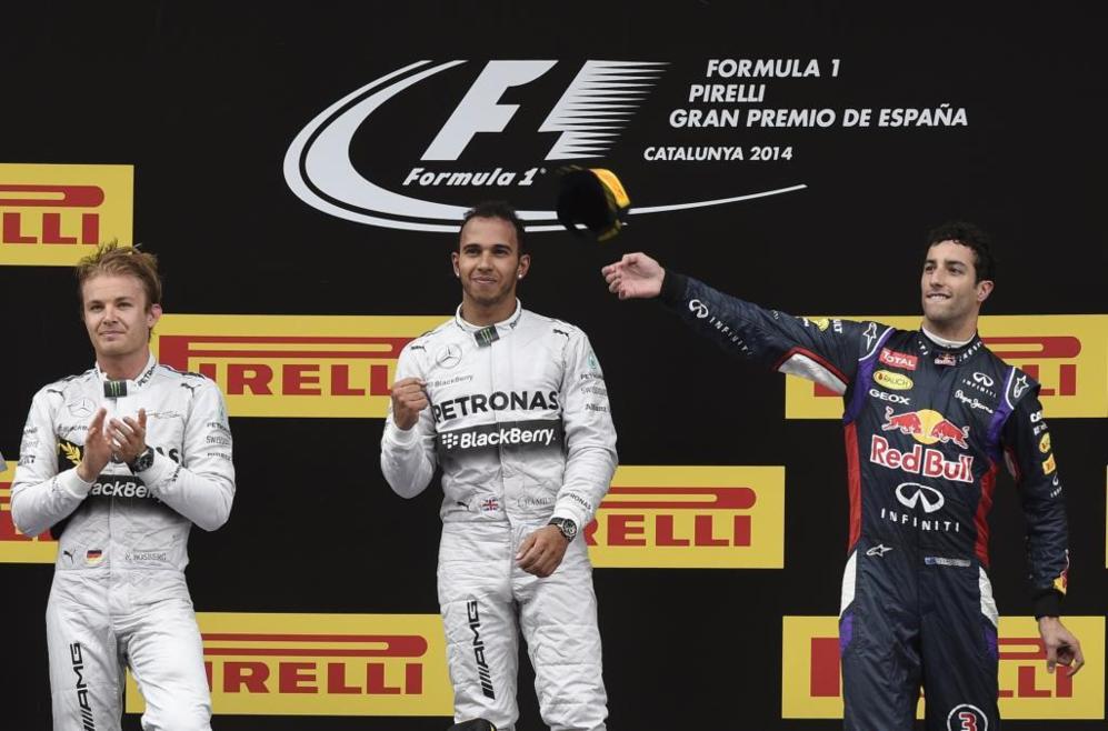 El podio: Hamilton, Rosberg y Ricciardo.