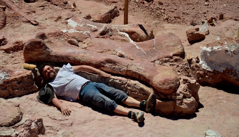 Uno de los investigadores junto a un fémur de un dinosaurio.