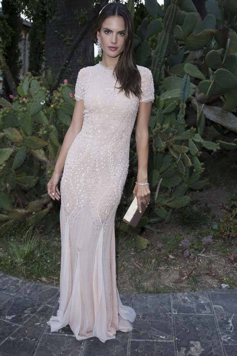 Alessandra Ambrosio, con un vestido largo en color rosa.