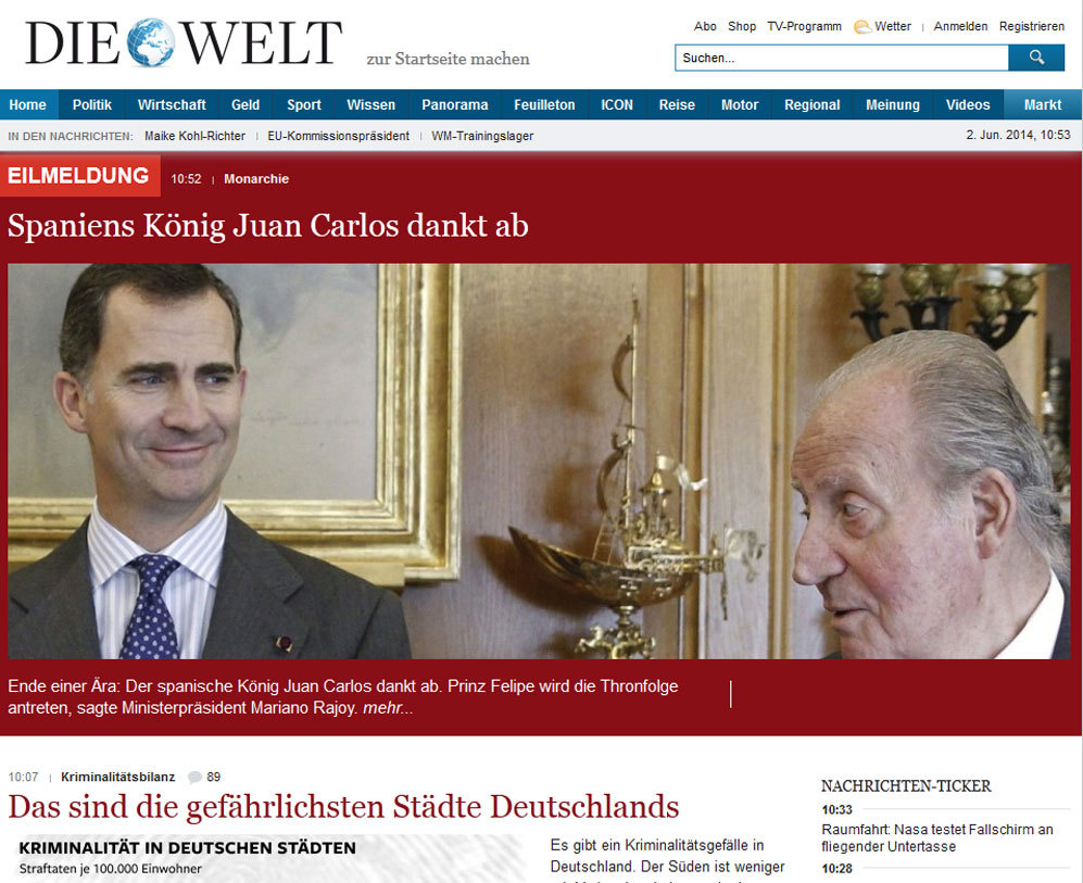 El diario alemn Die Welt, abre en la portada de su versin 'on...