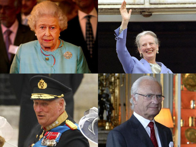 Los reyes Isabel II de Inglaterra, Margarita II de Dinamarca, Carlos...