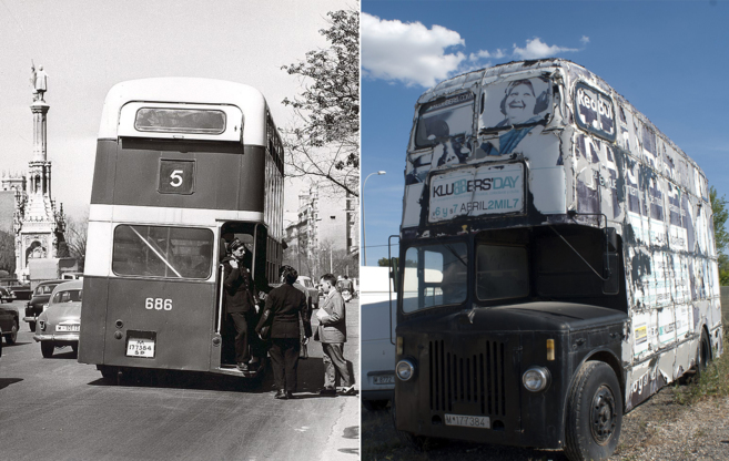 El Leyland en los 50, circulando por Madrid (izquierda), y ahora...