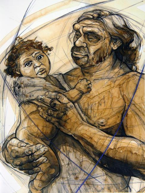Recreación artística de un neandertal con su hijo.