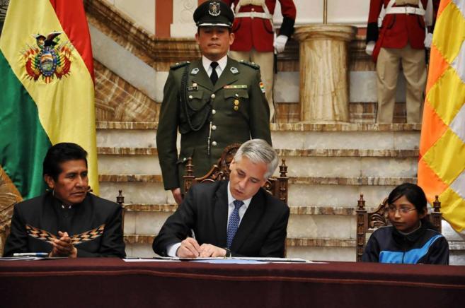 El vicepresidente boliviano, lvaro Garca Linera, promulga la ley...