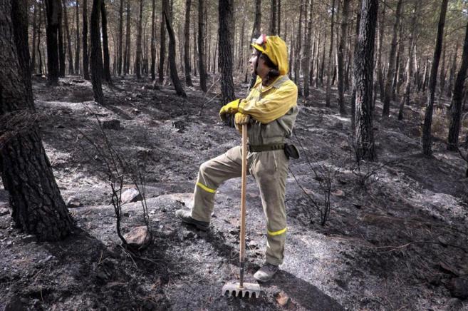 Un operario trabaja en la extincin del incendio que afecta a la...