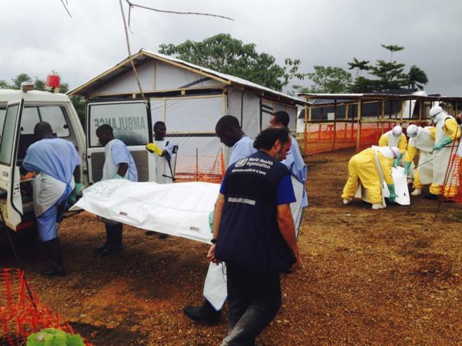 Unos voluntarios trasladan un cuerpo en un centro de MSF en Kailahun...