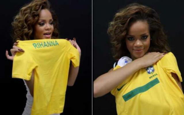 Rihanna posando con la camiseta de Brasil durante el Mundial