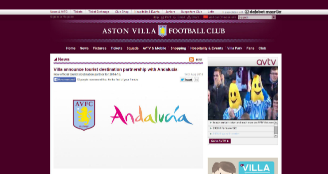 La pgina web del Aston Villa anuncia el patrocinio de la Junta de...