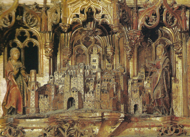 Detalle del retablo  mayor de la Catedral con una imagen de la Sevilla...