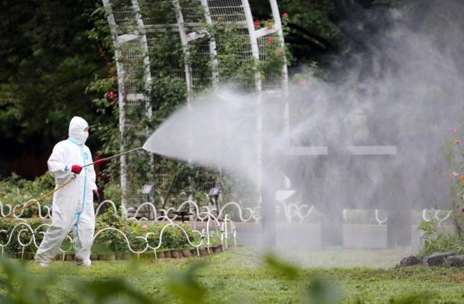 Un trabajador roca insecticida en el parque Yoyogi de Tokio.