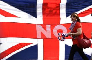Una mujer, frente a la bandera unionista.